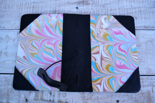 4 marbled notebooks inside and leather bound journal